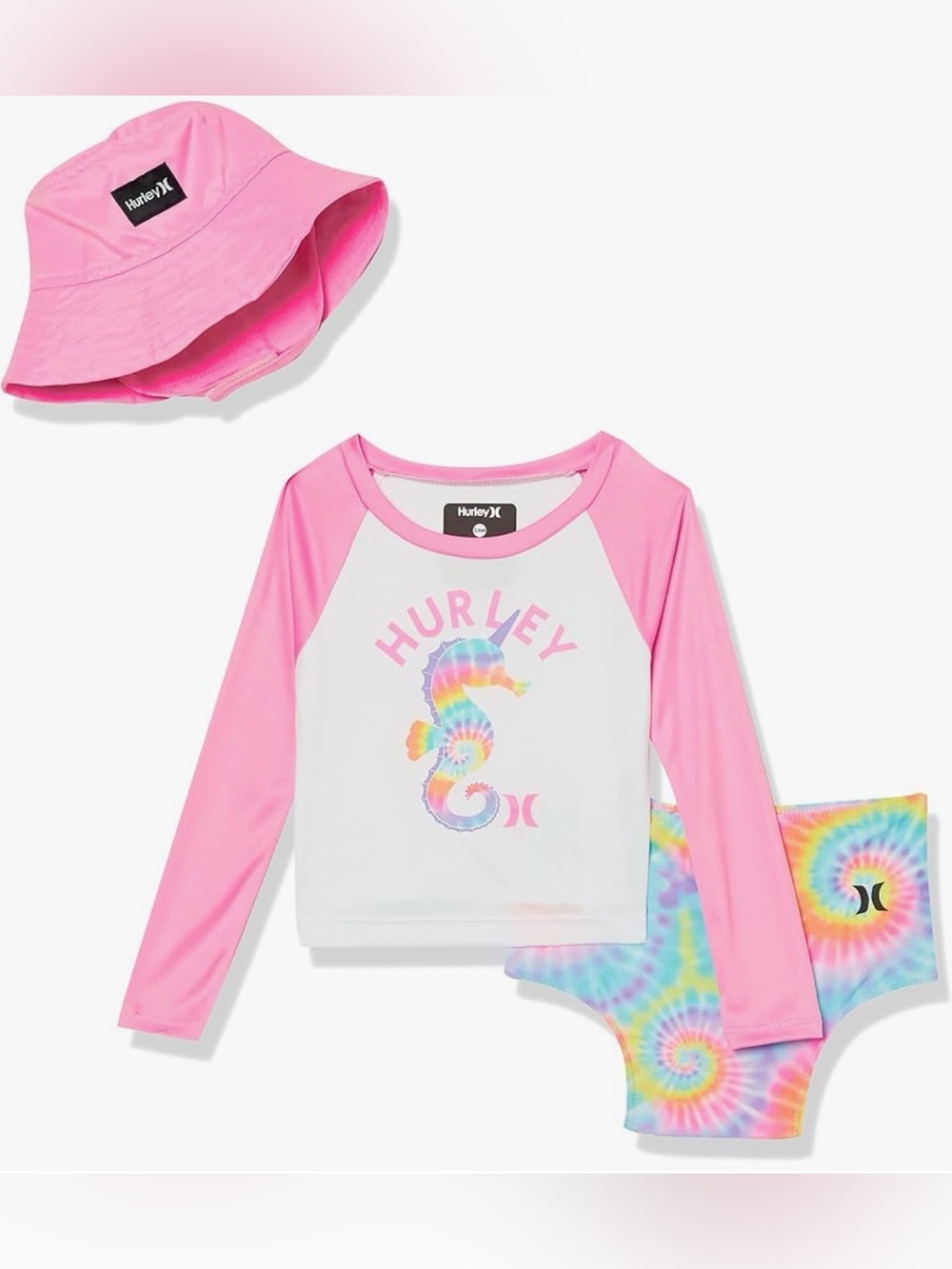 Hurley Toddler Girls' Pink Seahorse Rash Guard Set Tie-Dye Bottoms & Hat, NWT